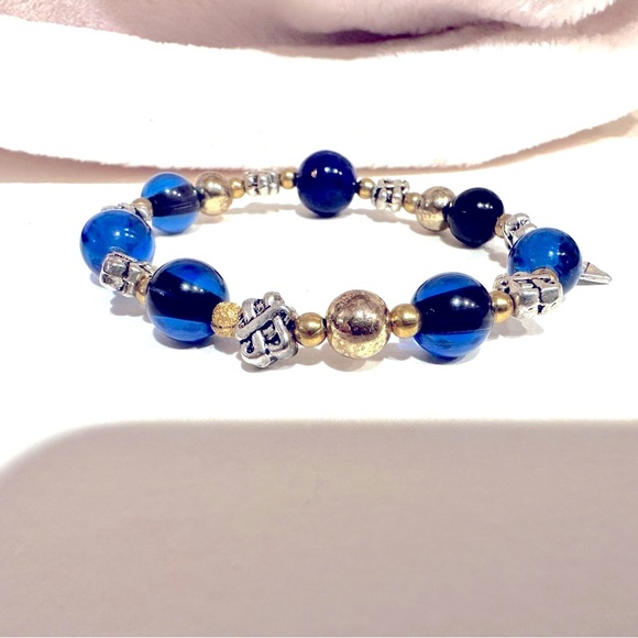 Blue Lapis Stone$⬇️💗 Bracelet W/Gld speckled Lapis,Blue Beach Glass, SS heart😊 - Picture 3 of 5
